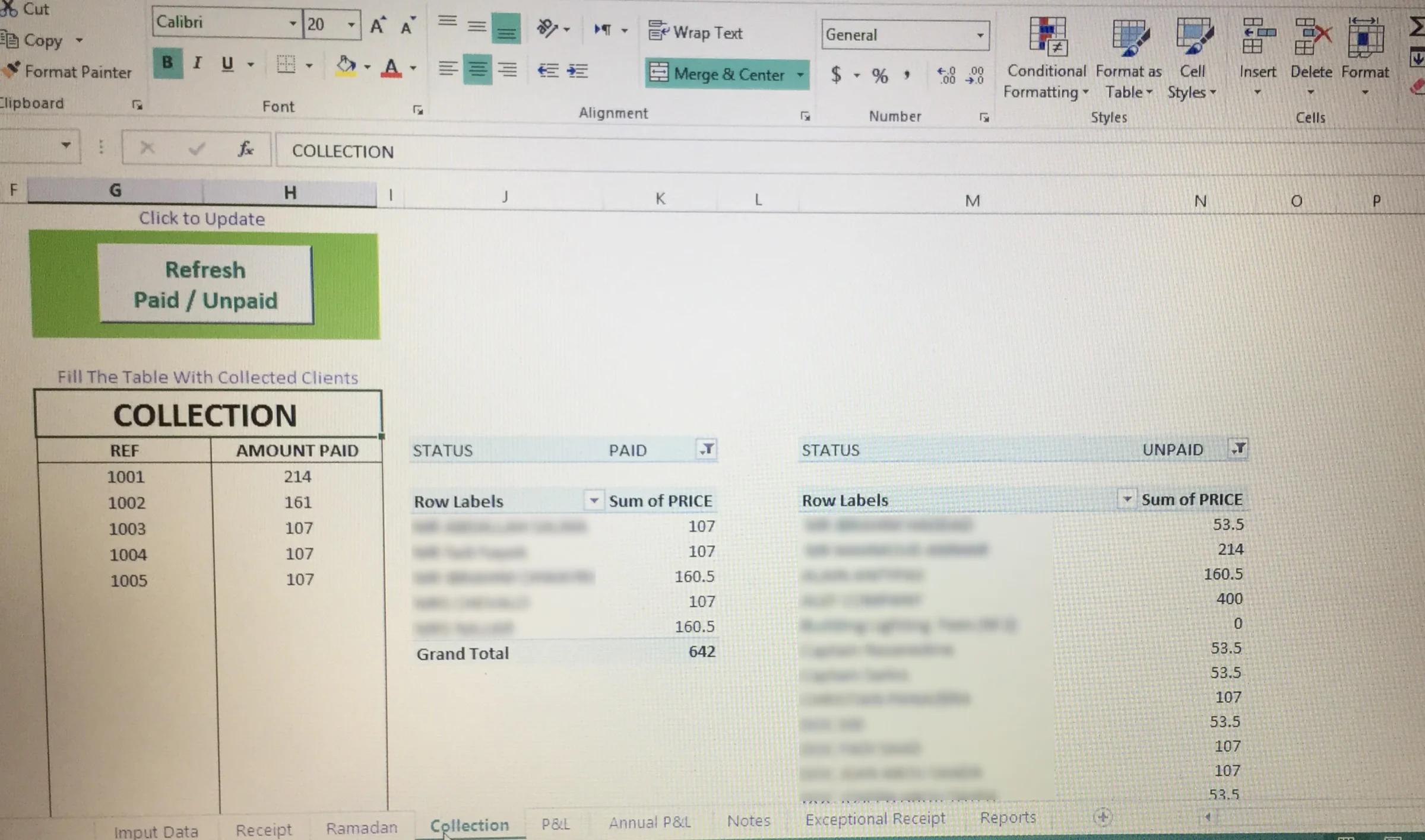 A photographed Excel collection worksheet that separates paid and unpaid subscribers and displays collected and remaining totals
