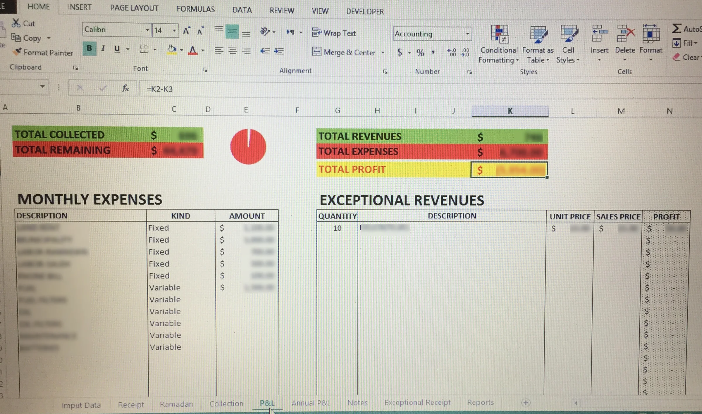 A photographed Excel profit-and-loss worksheet combining collections, operating expenses, exceptional revenue, and a monthly profit total
