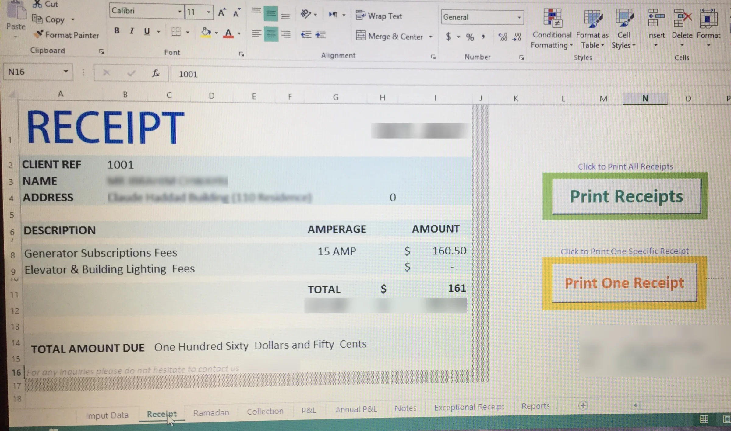 A photographed Excel receipt template with buttons for printing all receipts or one selected receipt, showing how subscriber data and calculated amounts were reused to automate receipt preparation