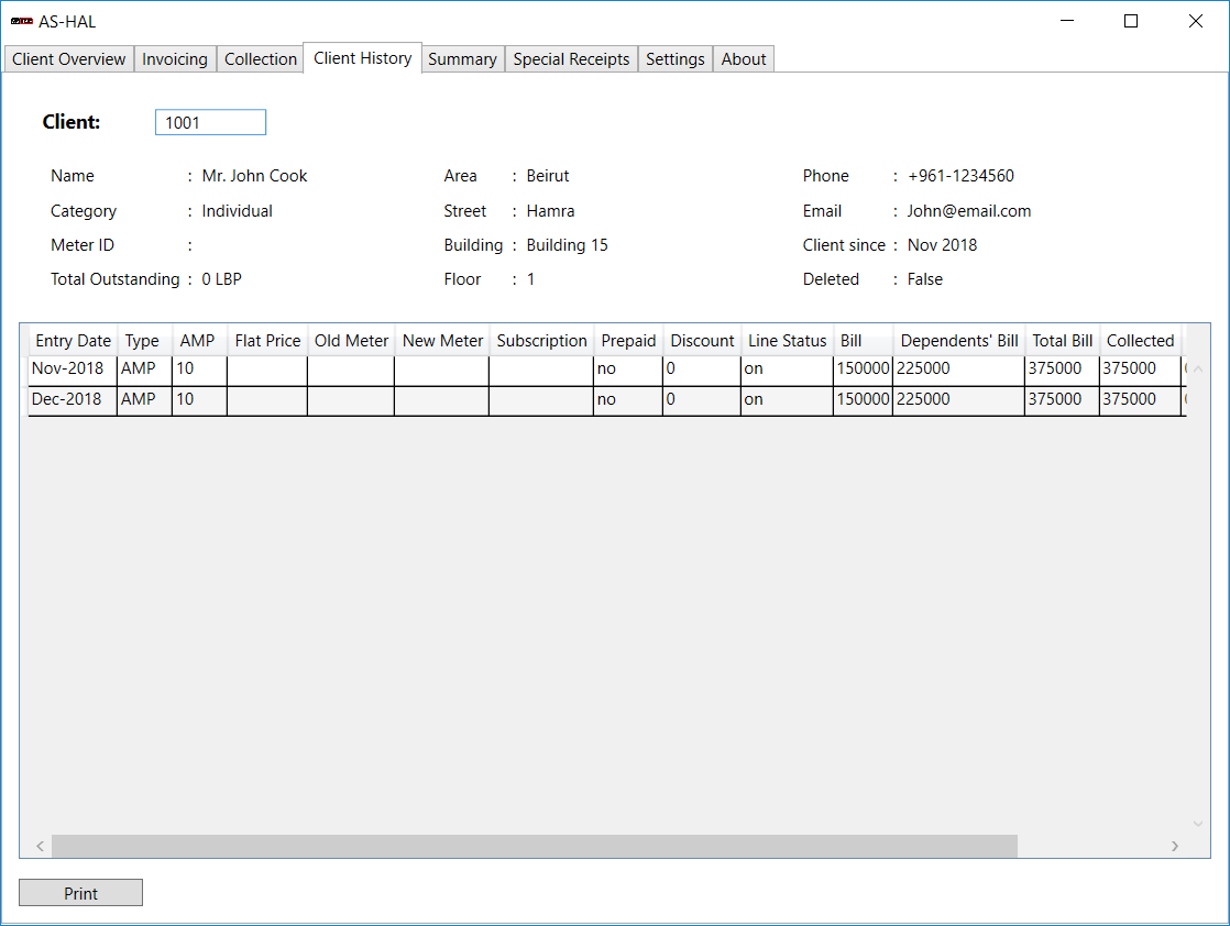 The AS-HAL Client History screen: subscriber identity and contact information appear above a monthly table containing subscription type, AMP, meter readings, prepaid status, discounts, line status, bill, dependent bill, total bill, and collected amount