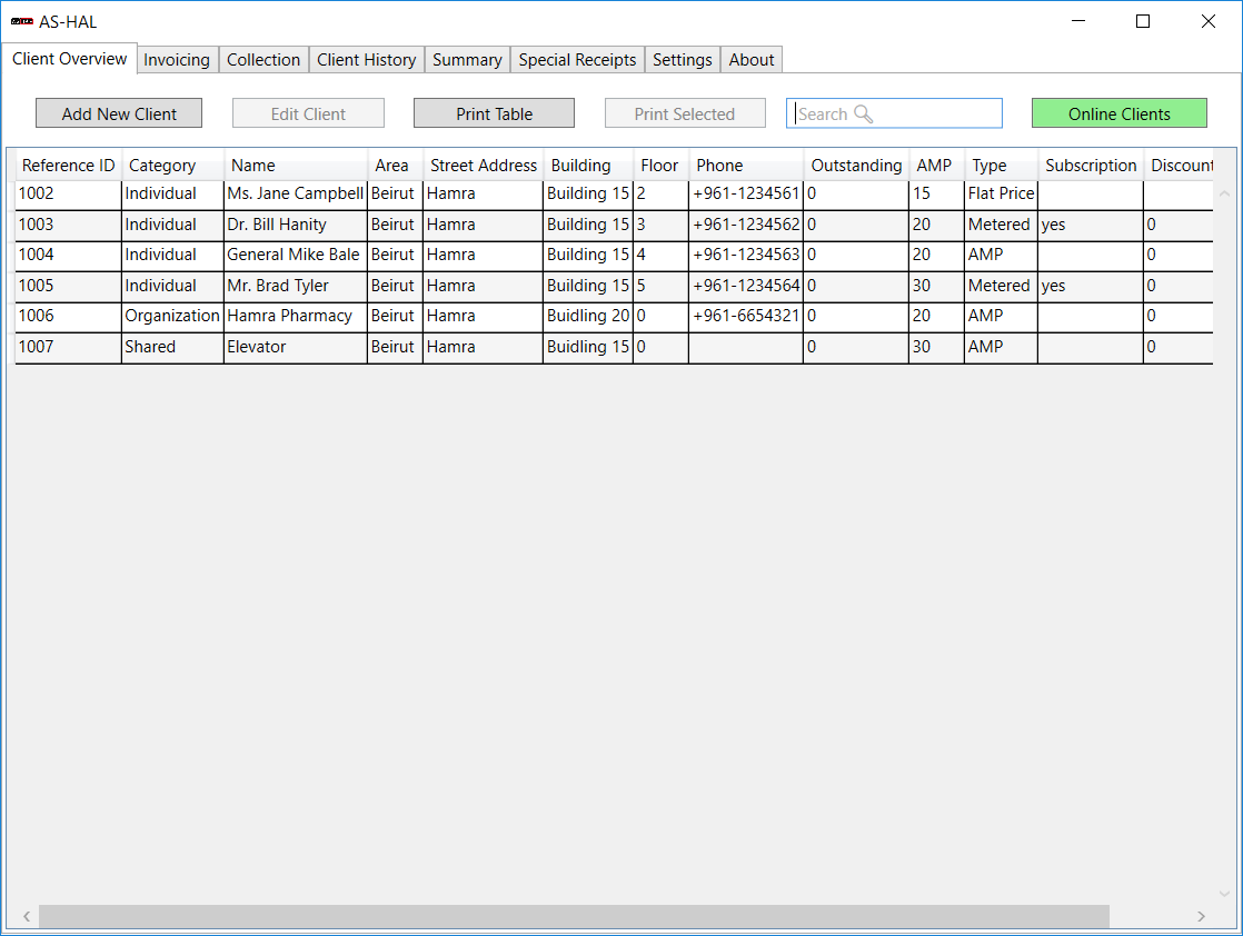 The AS-HAL Client Overview screen: a tabbed Windows interface with a subscriber table showing reference ID, category, name, address, phone, outstanding amount, AMP, and subscription type, with actions for adding, editing, printing, searching, and switching online-client status