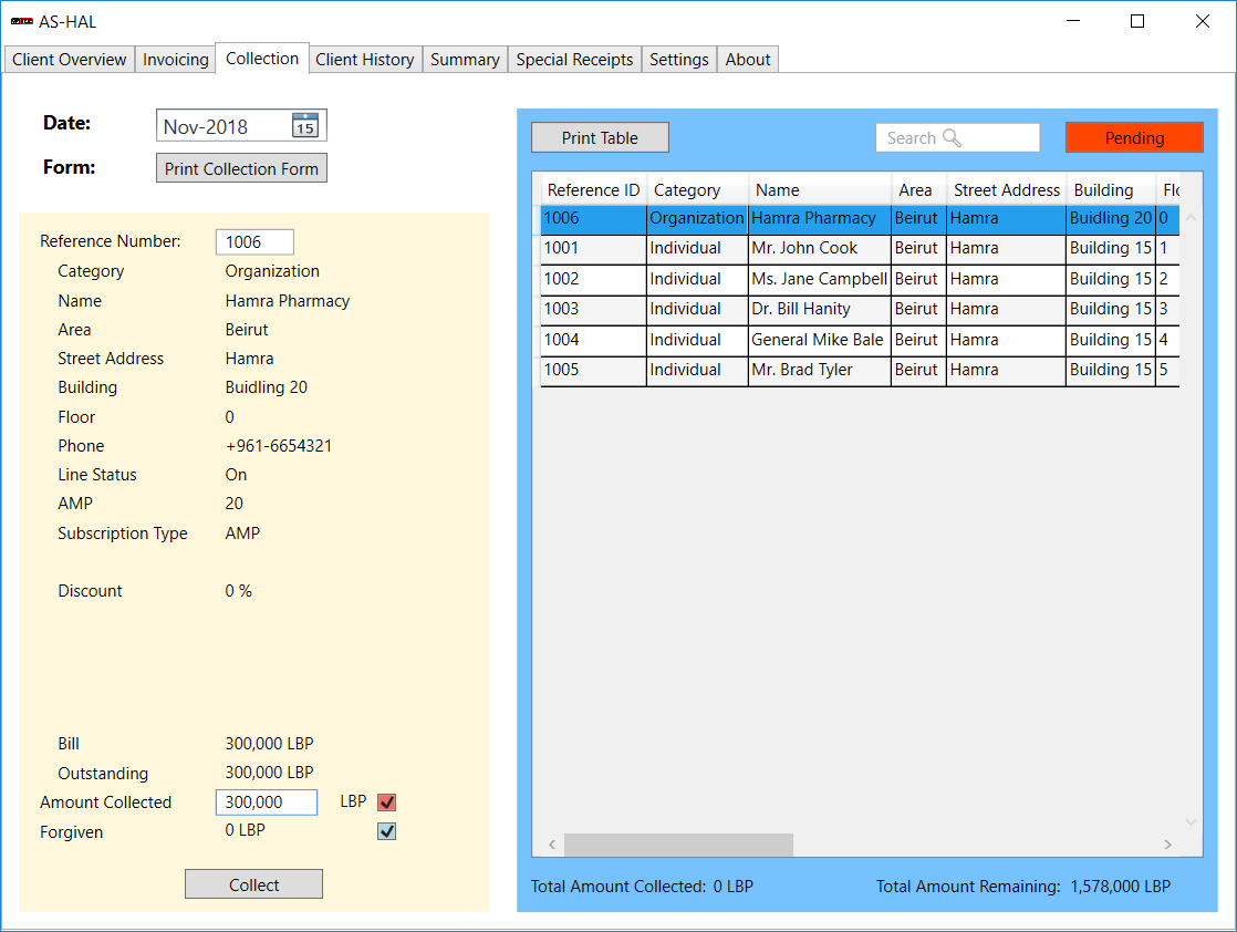 The AS-HAL Collection screen: subscriber identity and subscription details appear on the left with the bill, outstanding amount, collected amount, and forgiven amount; a pending-client table and total amounts appear on the right