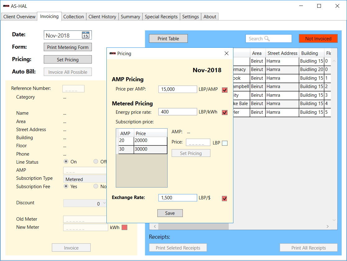The AS-HAL Invoicing screen with the monthly Pricing dialog open, containing AMP pricing, metered energy rates, subscription prices, and the exchange rate, while the underlying invoicing view provides metering forms, automatic billing, subscriber selection, and receipt printing